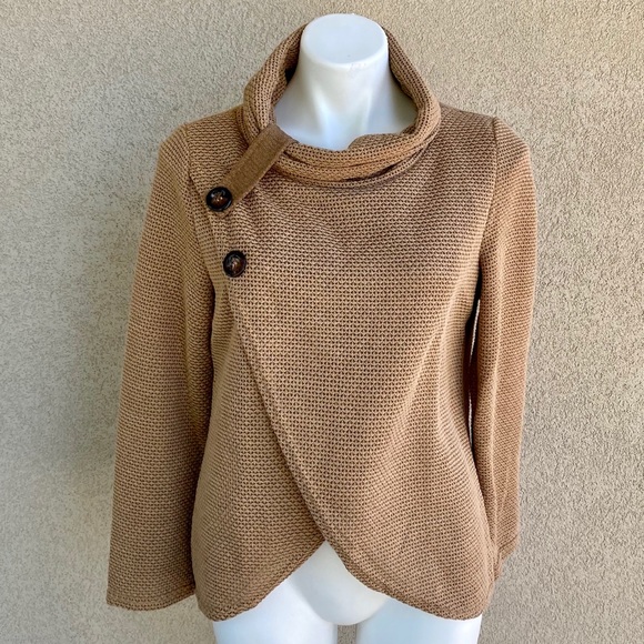 Boutique Sweaters - Mocha 2 Button Detail Poncho Wrap Sweater